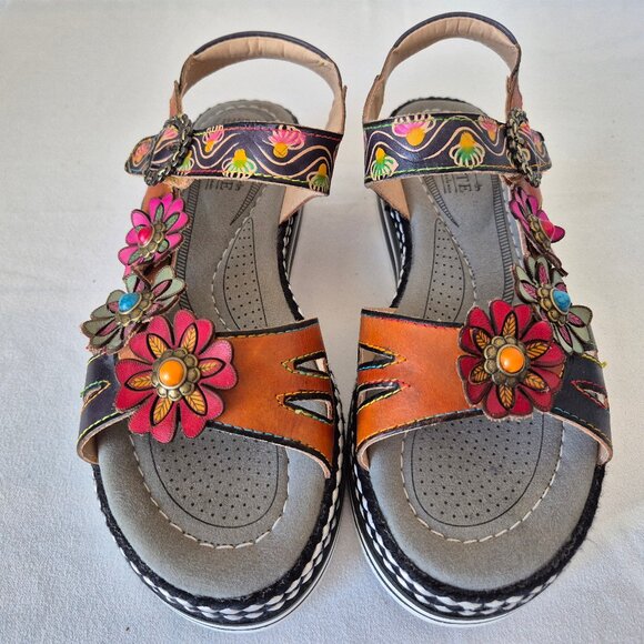 L'Artiste Spring Step Laga Leather Floral Ornament Platform Sandal Open Toe - Picture 7 of 15